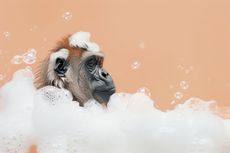 An AI generated illustration of a monkey sitting in bubbles against a pink backdrop with a neutral-toned wallの素材