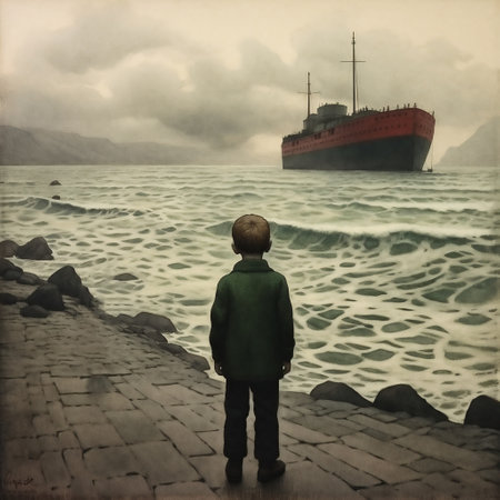 An AI generated illustration of a boy standing by a boat on the beachの素材