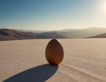 An AI generated illustration of an egg on the sand in the desert with mountains in the background and a bright sun shining on the horizonの素材