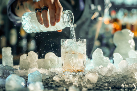 An AI generated illustration of A person adding ice to a glass on ice blocksの素材