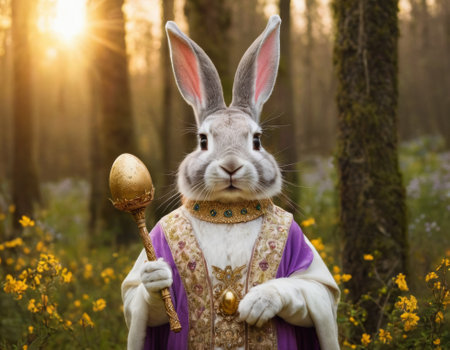 An AI generated illustration of A white rabbit wearing a crown and holding a wand with a golden egg in a forest settingの素材