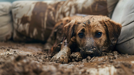 An AI generated illustration of a brown dog sitting on a muddy sofaの素材