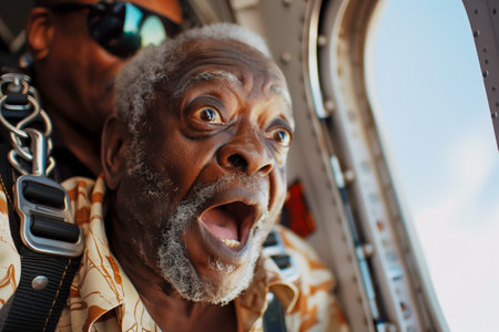 An AI generated illustration of A man soaring through the sky with his mouth wide open, accompanied by a man wearing sunglassesの素材