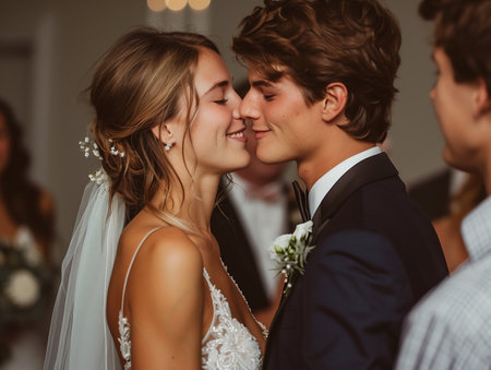 An AI generated illustration of Newlyweds kissing in front of guests at weddingの素材