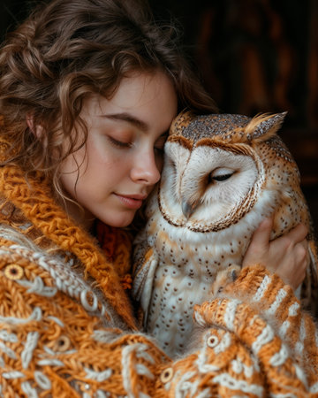 An AI generated illustration of a woman wrapped in a blanket holding an owl above her headの素材