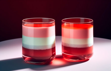 An AI generated illustration of Two glasses placed together, one containing a liquidの素材