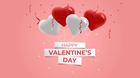 Valentine's Day Background. Flying Balloons. 3d White and Red Heart Shaped Balloonsのイラスト素材