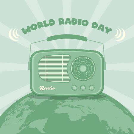 February 13. World Radio Day Background. Radio on Globe. Retro Vintage Illustrationのイラスト素材