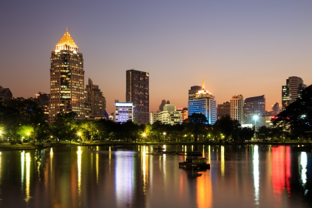 Modern business area at twilight in Bangkok, Thailandの写真素材