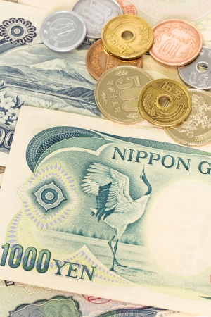 Japanese money yen banknote and coins close-upの写真素材