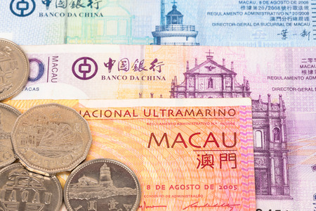 Macau pataca money banknote close-up with coinsの写真素材