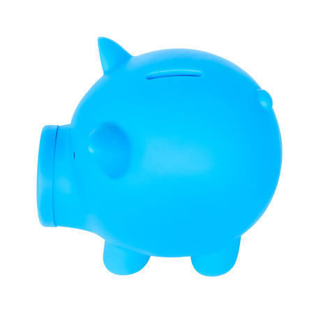 Blue piggy bank on white backgroundの写真素材