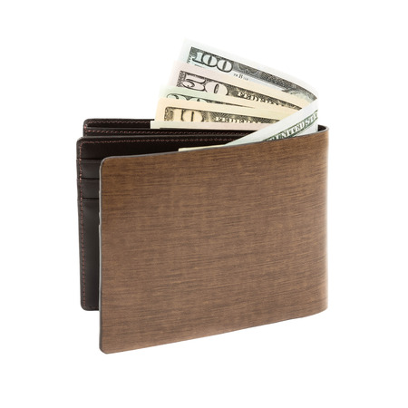 Money in brown leather wallet on white backgroundの写真素材