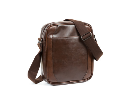 Brown messenger bag on white backgroundの写真素材