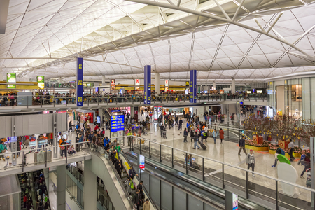 Hong Kong, China - January 24, 2016: Departure hall at Chek Lap Kok International Airport. This is one of the busiest airport in the world.のeditorial素材