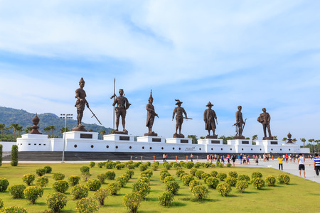 Hua Hin, Thailand - December 20, 2015: Seven statues of Thai great kings at Ratchapak park.のeditorial素材
