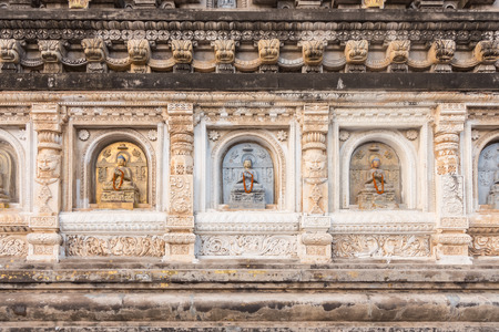 Decorated panel around pagoda at Mahabodhi Temple, Gaya, Indiaの写真素材