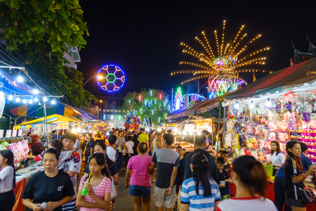 Bangkok, Thailand - March 05, 2017: Ferris wheel and decoration in temple fair at nightのeditorial素材