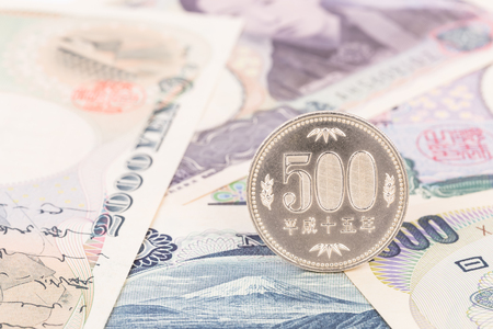 Japanese money Yen Japan banknote focus on coinの写真素材