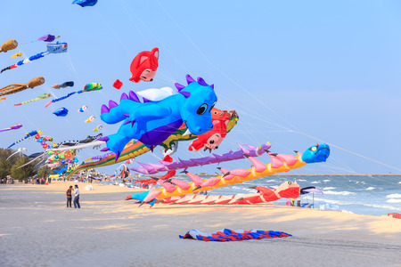 Cha-am, Thailand - March 12, 2017: International Kite Festival on the beach with colorful kitesのeditorial素材