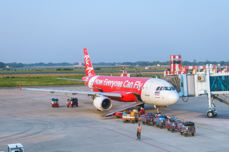 Lal Bahadur Shastri International Airport, Varanasi, India -  October 23, 2017: Thai Air Asia plane prepare for departure at gate.のeditorial素材