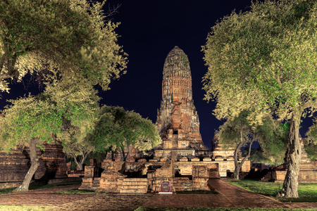 Wat Phra Ram temple light up at night Ayutthayaの写真素材