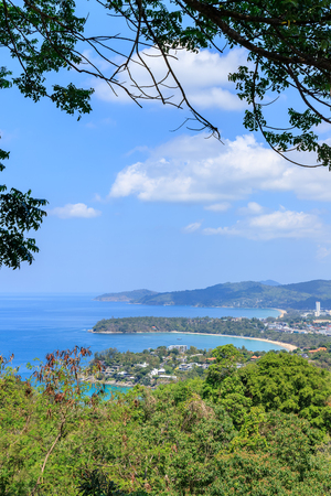 Aerial scenic view over beautiful Andaman sea and 3 bays at Karon Viewpoint, Phuket, Thailandの写真素材