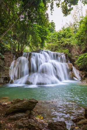 Huai Mae Khamin Waterfall tier 3, Khuean Srinagarindra National Park, Kanchanaburi, Thailandの写真素材