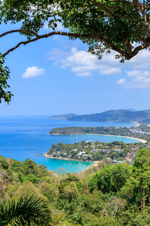 Aerial scenic view over beautiful Andaman sea and 3 bays at Karon Viewpoint, Phuket, Thailandの写真素材