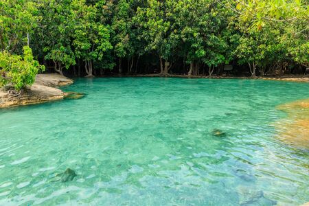 Beautiful crystal clear Emerald Pool, famous natural swimming place and tourist destination in the Krabi, Thailand.の写真素材