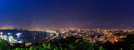 Pattaya bay and Bali Hai Pier, from Phra Tamnak Mountain viewpoint, during twilight, Chonburi, Thailand; panoramaのeditorial素材