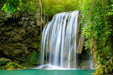 Waterfall cliff, third level, Erawan National Park, Kanchanaburi, Thailandの写真素材