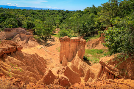 Phae Mueang Phi Forest Park, sandstone erosion canyon, famous tourist destination in Phrae, Thailandの写真素材