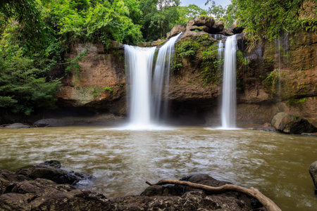 Haew Suwat waterfall in forest at Khao Yai National Park, Thailandの写真素材