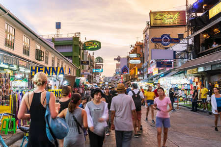 Bangkok, Thailand - May 19, 2019: Khaosan road at twilight. Famous for guesthouse, hostel, and street food. This district is popular for back packer and budget tourist.のeditorial素材