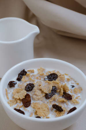 Cereal and Raisin with Milk for Breakfast Meal.の写真素材