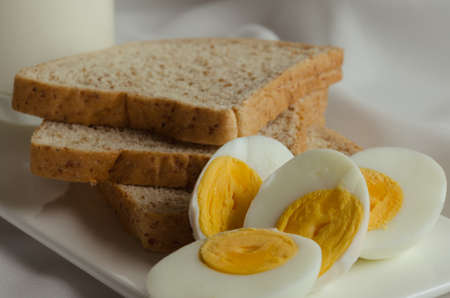 Sliced Whole Wheat Bread, Boiled Egg and Milk for Breakfast.