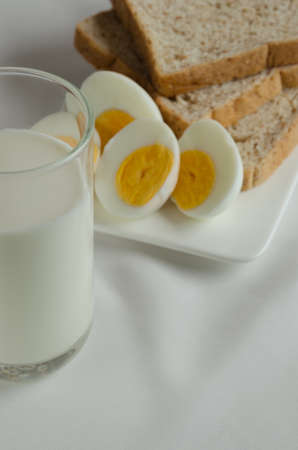 Sliced Whole Wheat Bread, Boiled Egg and Milk for Breakfast.