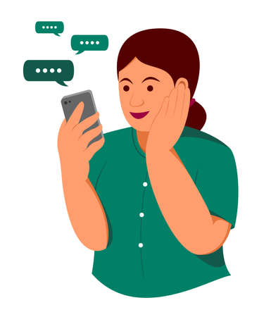 Chubby Woman is Happy with Chat on the Mobile Phone.のイラスト素材