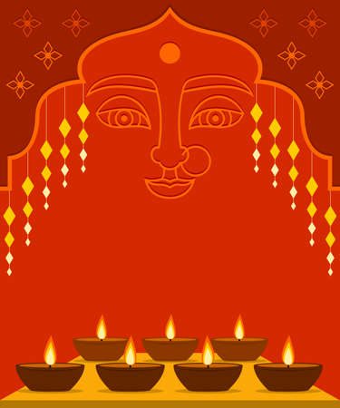 Wallpaper of Diwali Festival with Diya of Light and Outline Face of Lakshmi Goddess.のイラスト素材