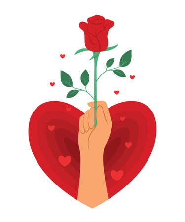 Hand Hold a Red Rose in Big Heart for the Valentine Decoration.のイラスト素材