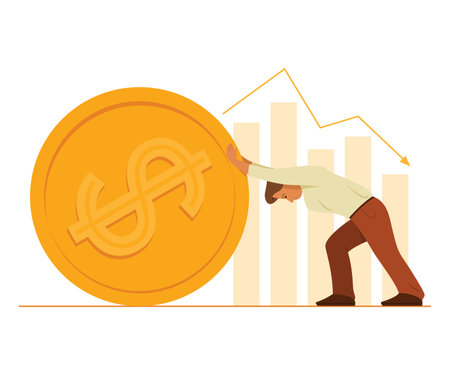 Worker Man Push a Big Dollar Coin and the Bar Charts on Background.のイラスト素材