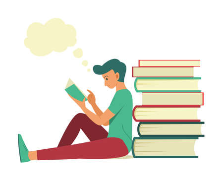 Man Sit Near the Pile of Big Books for Read a Book and Think a Good Idea.のイラスト素材