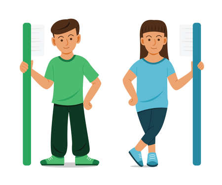 Children Stand and Hold a Big Toothbrush.のイラスト素材