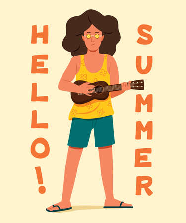 Man Play the Ukulele with the Nearby Words are Hello Summer for the Summer Concept.のイラスト素材