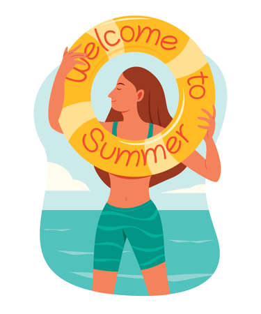 Woman is Enjoy the Summer Season While Hold the Inflatable Ring with Words Welcome to Summer.のイラスト素材