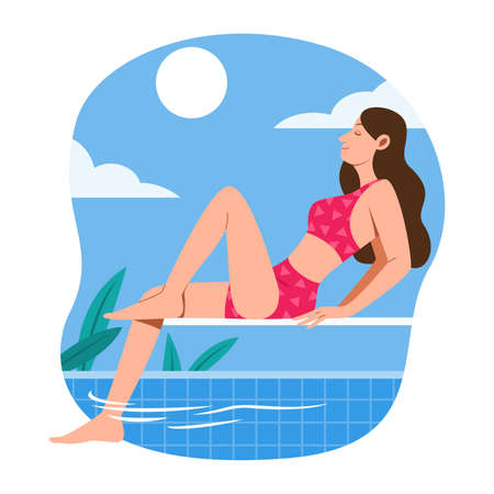 Woman Sit on the Springboard at Swimming Pool Side and Relaxing Outdoor Lifestyle.のイラスト素材