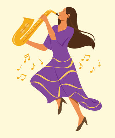 Woman Play the Saxophone While Jump Up.のイラスト素材