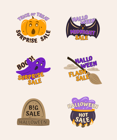 Set of Hand Drawn Halloween Labels with Sale Words and Spooky Elements.のイラスト素材