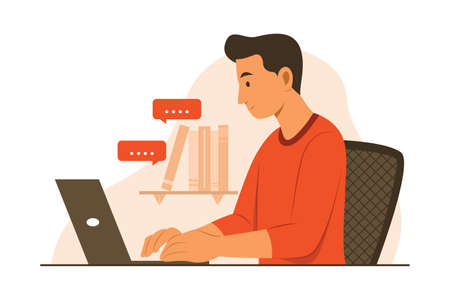Freelance Man is Online Working from Home.のイラスト素材